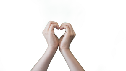 Elegant double hand heart gesture on a clean white background, symbolizing love, care, unity, and serenity in a minimalist design, highlighting emotional connection and harmonious expression.