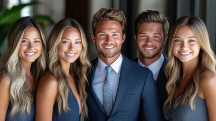 Five friends are smiling and posing closely together in upscale clothing. Bright lighting enhances the joyful expressions as they enjoy each other's company indoors