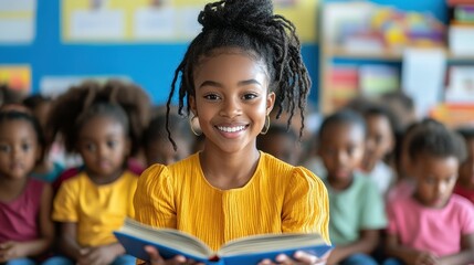 A smiling young girl holds an open book in front of her, sharing a story with her engaged classmates in a vibrant classroom setting filled with learning materials and decorations