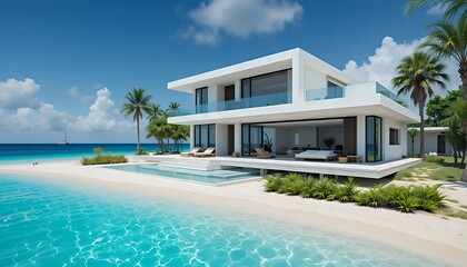 Modern White Two Story Beachfront House On Tropical Island Paradise With Infinity Pool