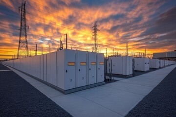 Energy storage facility under a vibrant sunset with power lines in the background