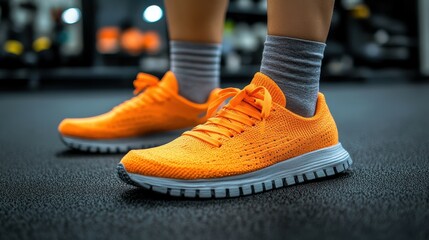 Naklejka premium Vibrant orange running shoes are featured prominently, showcasing their design and color against a dark gym floor. A fitness atmosphere is evident in the background