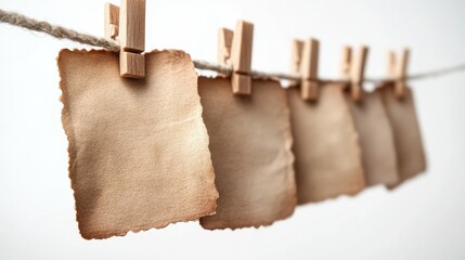 Brown paper sheets with torn edges are clipped to a string using wooden clothespins, creating a simple yet charming decorative display in a bright indoor space