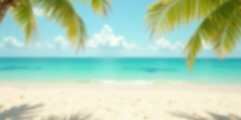 Obraz premium Serene Coastal View Blurred Tropical Paradise Beach Scene with Palm Fronds and Ocean Horizon