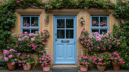 Charming Cottage with Blooming Roses and Pastel Blue Door