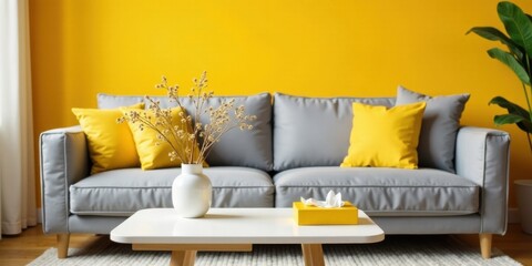 Modern living room interior design featuring a gray sofa with yellow throw pillows, a white coffee table, and dried flowers in a vase