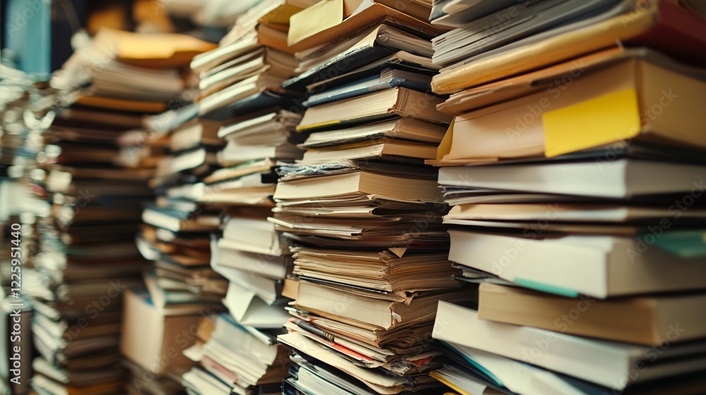 Poster stack of old books piling up in a library