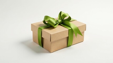 Obraz premium A thoughtfully presented gift box, adorned with a vibrant green ribbon, rests elegantly on a pristine white background, symbolizing a special occasion or heartfelt gesture.