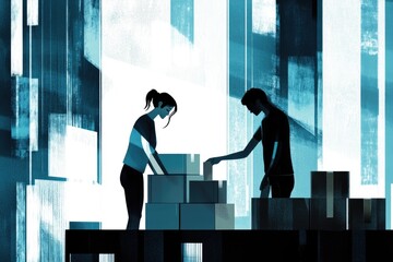A couple packs boxes, possibly moving or decluttering, in a stylized, abstract setting.