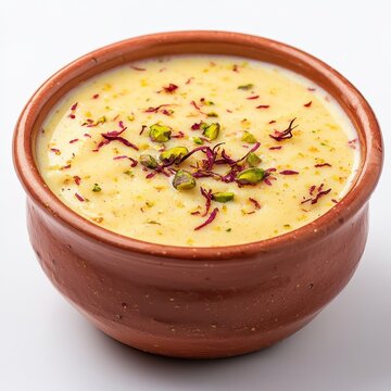 A creamy basundi dessert in a traditional clay bowl, garnished with saffron and pistachios, showcasing rich flavors and textures.