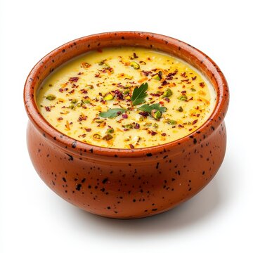 A vibrant bowl of basundi dessert creamy milk topped with spices and herbs, served in a rustic clay pot, inviting and flavorful.