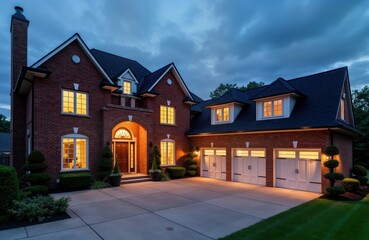 Luxury brick house with three-car garage at dusk. Evening light highlights house exterior. Lawn, driveway well-maintained. Stone paving surrounds house, garage. Windows, doors glow warmly.