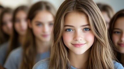 Fototapeta premium A group of young girls with long hair stand together in a community center, smiling cheerfully. Bright lighting enhances the joyful atmosphere of the gathering