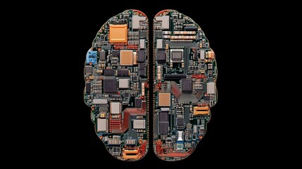 A horizontal view of a circuit board arranged in the shape of a brain on a black background, representing technological intelligence driving innovation