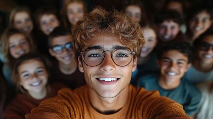 A diverse group of teenagers poses closely together, smiling widely for a selfie in a cozy indoor space. The vibrant atmosphere reflects their excitement and camaraderie