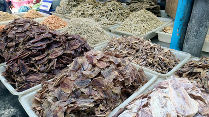 dried seafood forsale in local market in Thailand