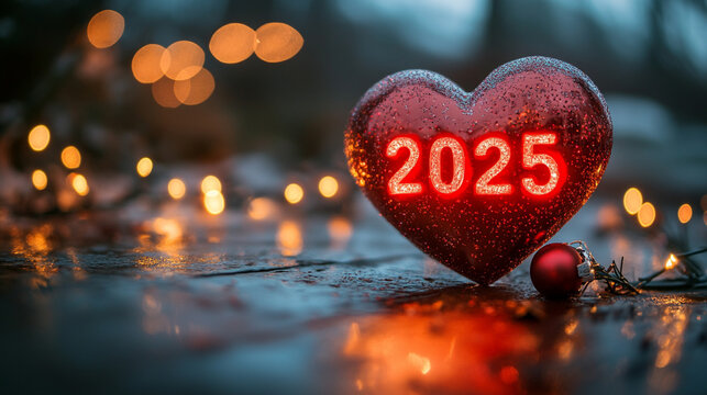 3D heart glowing with numbers "2025" surrounded by sparkling light and festive ambiance in a minimalistic bright tone with blurred empty space on the side creating a sense of hope and celebration
