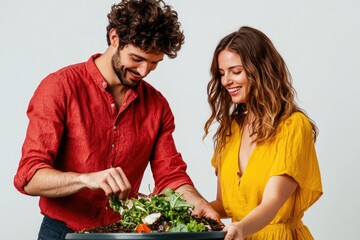 A happy couple adds food scraps to their compost bin, embracing sustainable living and reducing waste.