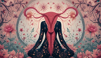 Pixel Art Depiction of a Woman Meditating with a Uterus as a Head Amidst a Floral Garden