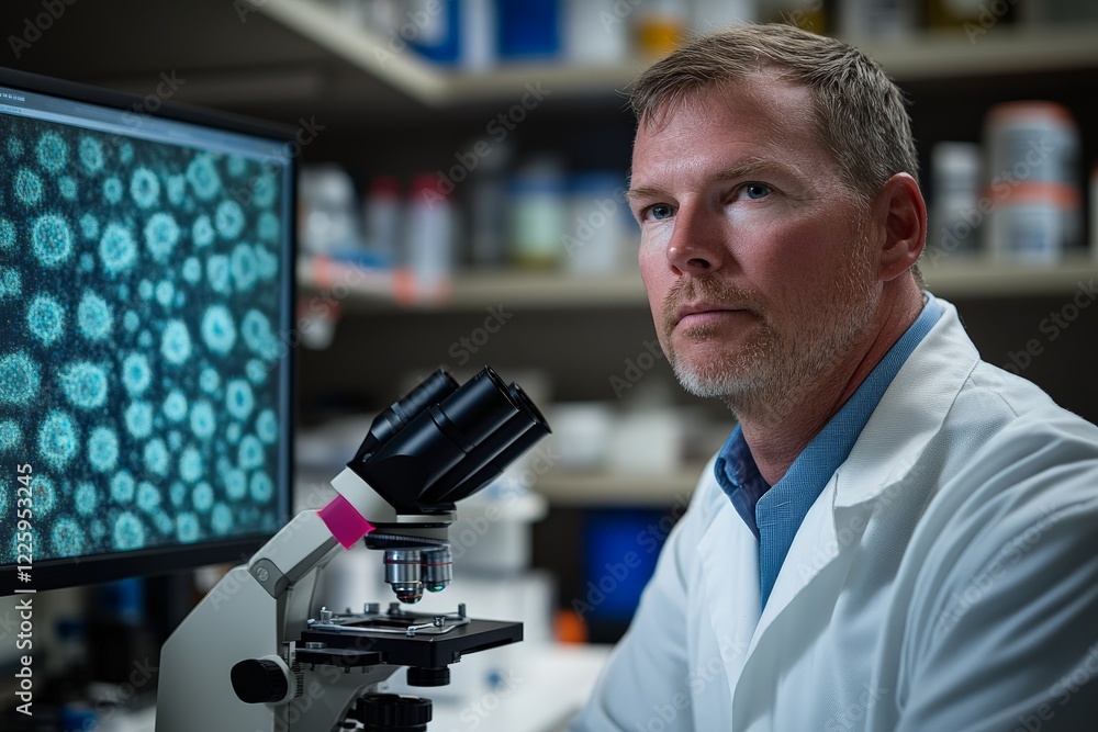 Poster Researcher analyzes viral samples in laboratory setting using microscope during evening hours