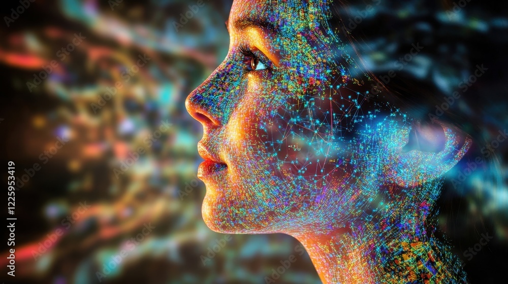Poster artificial intelligence concept showing a woman's profile with a colorful digital network of nodes a