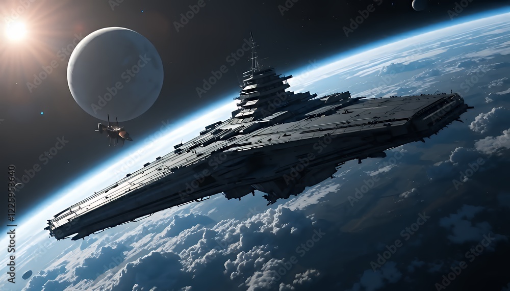 Poster pixel art spaceship orbiting a planet with a moon in a dark galaxy