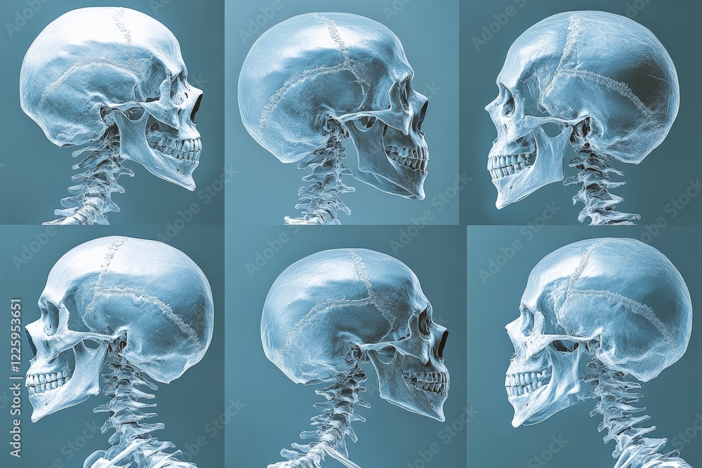 Aufkleber detailed anatomical view of human skull from multiple angles showcasing skeletal structure and featu