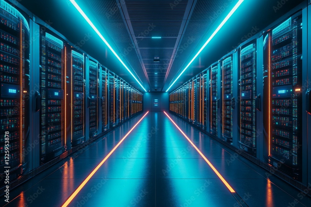 Poster illuminated server room with rows of computer hardware and vibrant blue lights