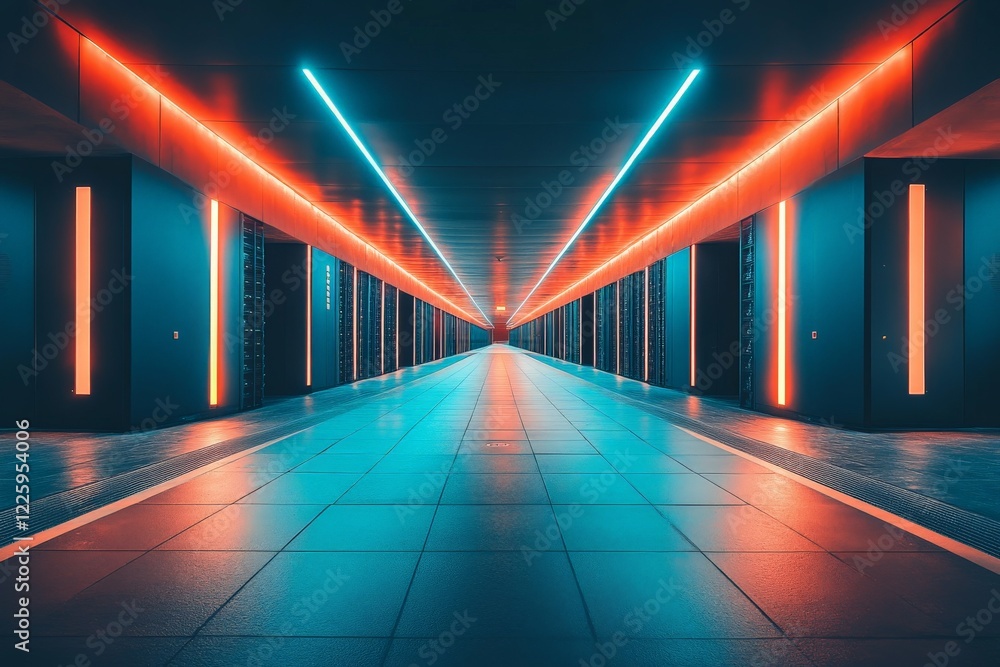 Poster futuristic corridor illuminated with neon lights in urban setting at night