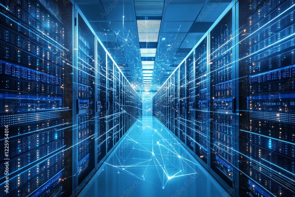 Poster advanced data center showcasing high-tech servers and optimized connectivity in a modern facility