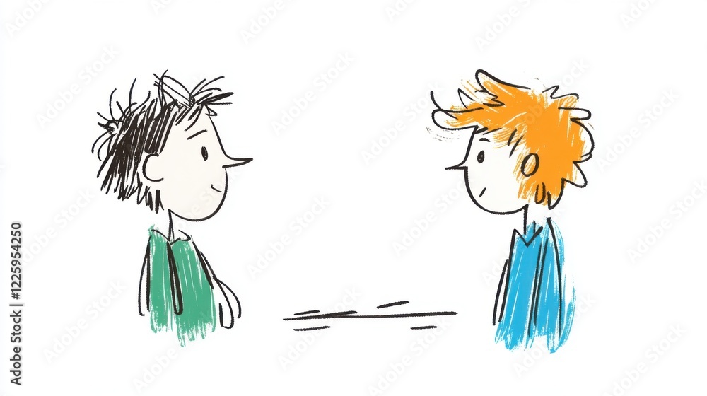 Poster Two Cartoon Characters Engaged in Friendly Conversation with Expressive Features and Playful Design Elements