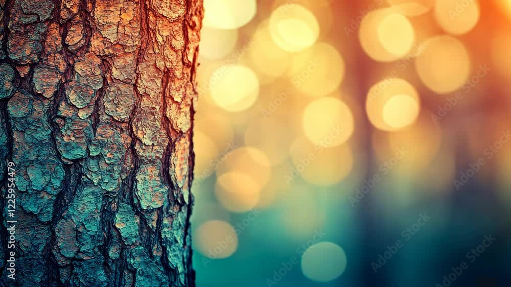Poster close-up view of tree bark with blurred bokeh lights in a forest during golden hour