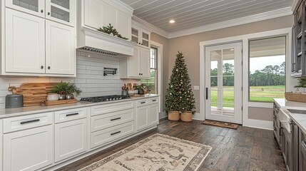 Elegant Farmhouse Kitchen with Christmas Tree and View