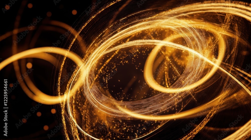 Poster golden swirling light trails and particles creating an abstract vortex against a dark background, su