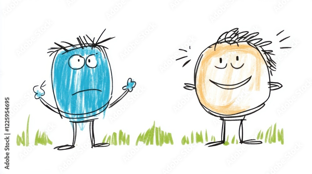 Poster playful cartoon characters with expressive faces on colorful background in whimsical style