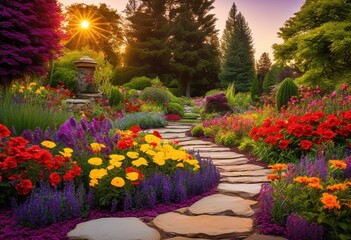 Fototapeta premium vibrant garden featuring inviting pathways surrounded lush foliage colorful blooms picturesque landscape, flowers, plants, nature, scenery, greenery, trees