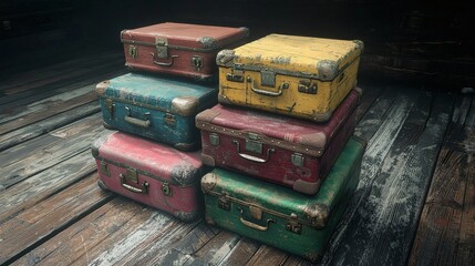 Obraz premium Vintage Suitcases Stacked on Wooden Floor: A Nostalgic Still Life
