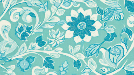 Elegant Teal and White Floral Fabric Texture: A Seamless Pattern of Delicate Blooms and Curving Vines