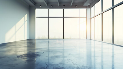 Empty modern office space with large windows and sunlight.