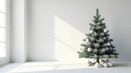 A Minimalist Winter Holiday Scene Featuring a Decorated Evergreen Tree in a Bright Room