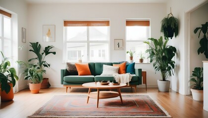 Scandinavian stylish nordic light living room with many green plants and cozy sofa