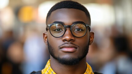 Fototapeta premium A young man wearing stylish glasses and a yellow checkered shirt stands confidently in a busy city setting, surrounded by blurred pedestrians. His expression is calm and focused