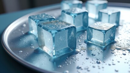 Fresh ice cubes melting on a reflective surface with scattered crushed ice	