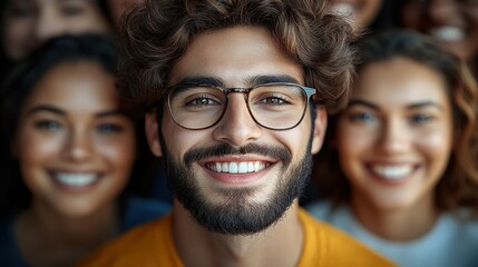A young man with curly hair and glasses smiles brightly at the camera, surrounded by cheerful friends. They are enjoying a lively gathering indoors, exuding joy and connection
