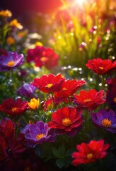 vibrant close dewy garden flowers illuminated soft sunrise highlighting colorful petals fresh green leaves, leaf, bloom, nature, beauty, sunlight, seasonal