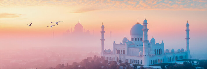Naklejka premium Grand Mosque at Sunrise: Birds in Flight over Hazy Cityscape