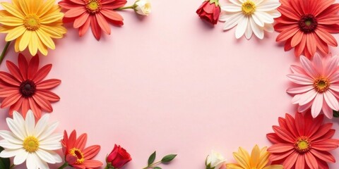 Obraz premium A delicate arrangement of vibrant blossoms creates a charming border around a soft pink background, perfect for adding a touch of floral elegance to any design project.