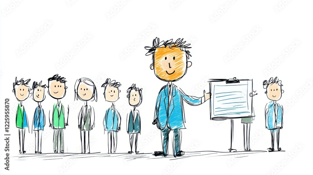 Poster group of people listening to a presentation by a smiling presenter in a professional setting