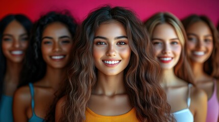 Obraz premium A group of cheerful young women stands closely together, showcasing their smiles and unique hairstyles against a vibrant backdrop. The atmosphere is lively and joyful