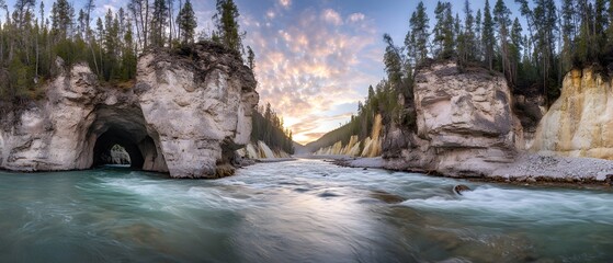 Fototapeta premium Majestic River Gorge at Sunset, Panoramic View of Natural Stone Arch
